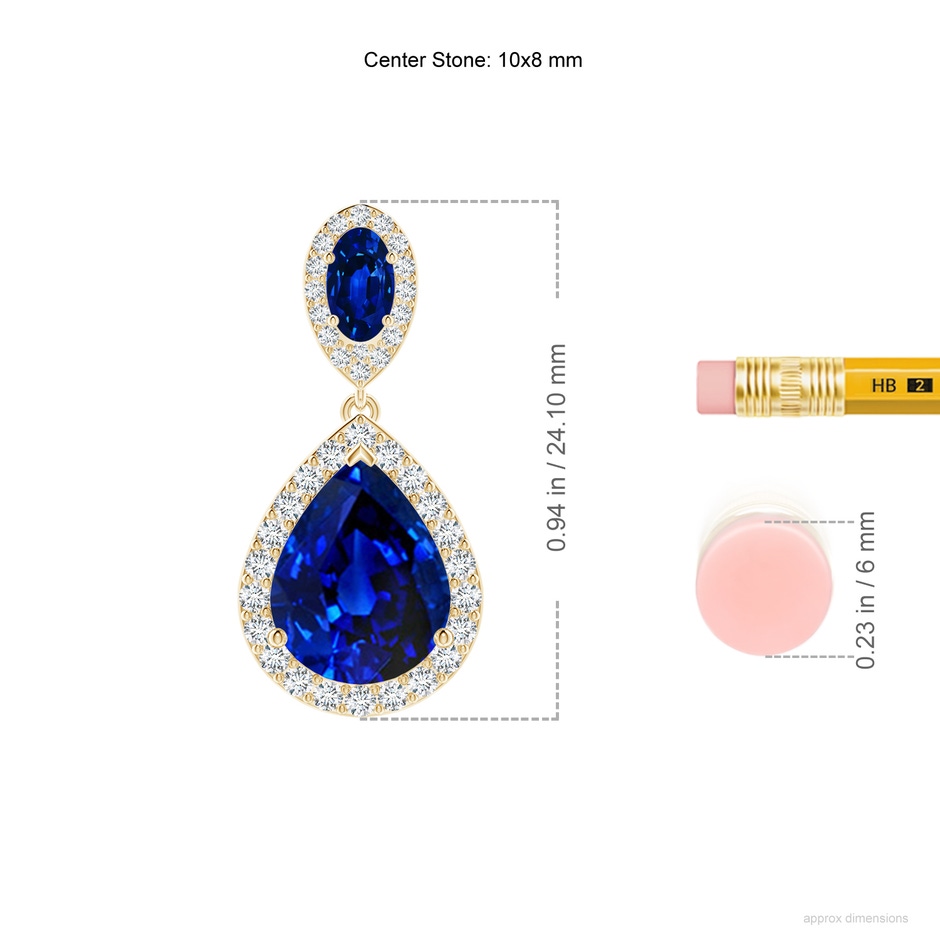 10x8mm Lab-Grown Oval & Pear Blue Sapphire Drop Earrings with Diamond Halo in Yellow Gold ruler