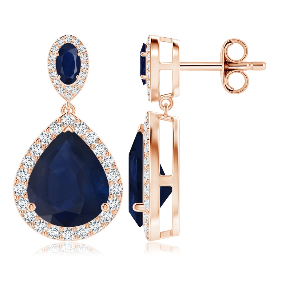 12x10mm A Oval & Pear Blue Sapphire Drop Earrings with Diamond Halo in 18K Rose Gold 