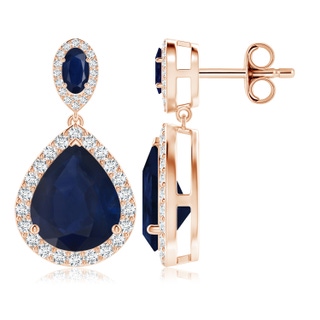 12x10mm A Oval & Pear Blue Sapphire Drop Earrings with Diamond Halo in Rose Gold