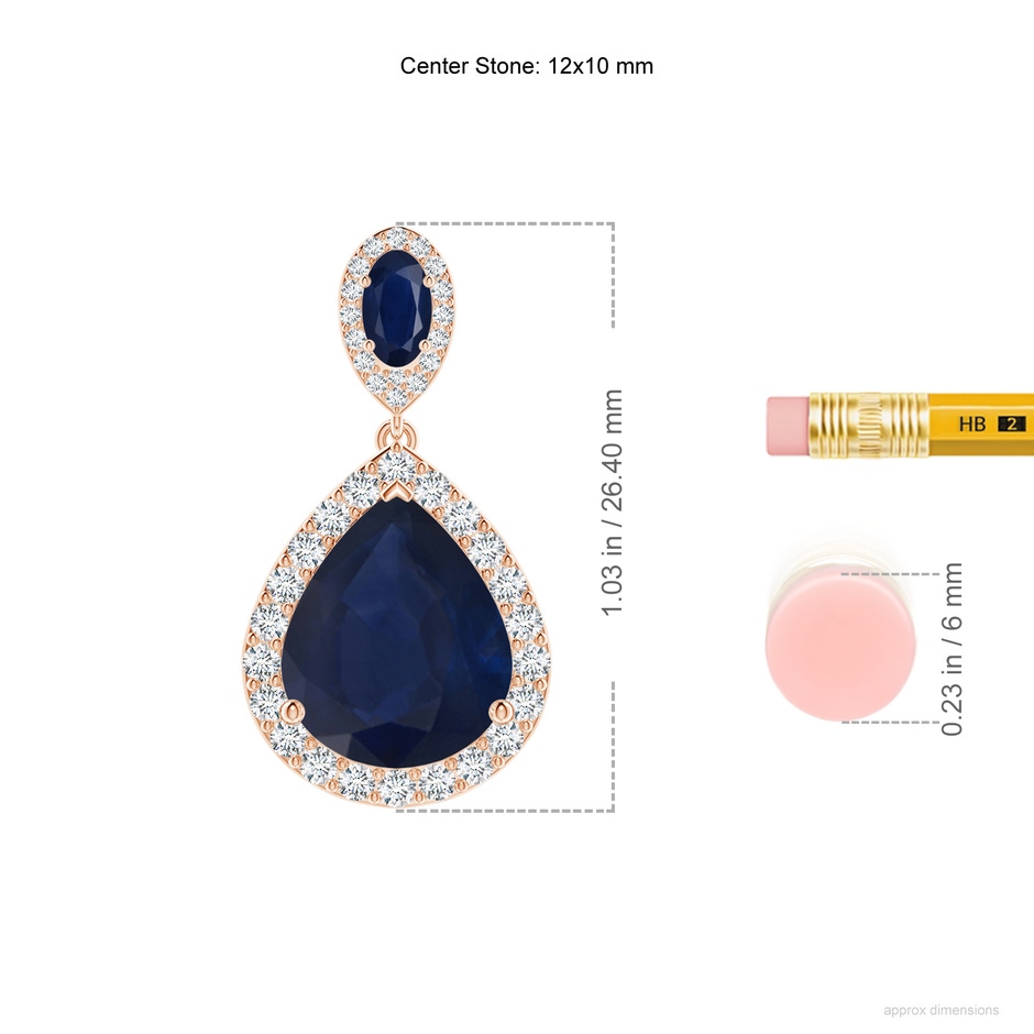 12x10mm A Oval & Pear Blue Sapphire Drop Earrings with Diamond Halo in Rose Gold ruler