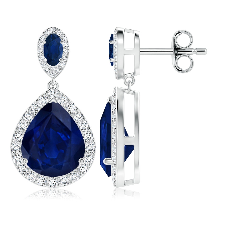 12x10mm AA Oval & Pear Blue Sapphire Drop Earrings with Diamond Halo in P950 Platinum 