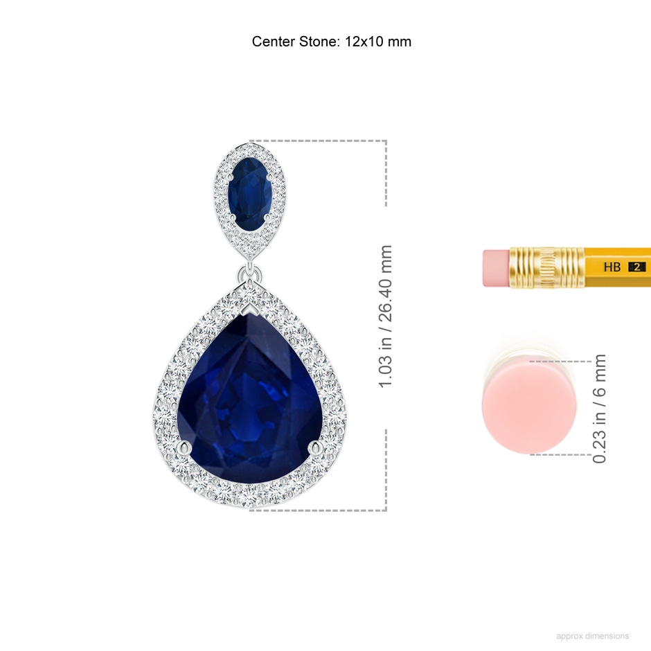 12x10mm AA Oval & Pear Blue Sapphire Drop Earrings with Diamond Halo in P950 Platinum ruler