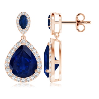 12x10mm AA Oval & Pear Blue Sapphire Drop Earrings with Diamond Halo in Rose Gold