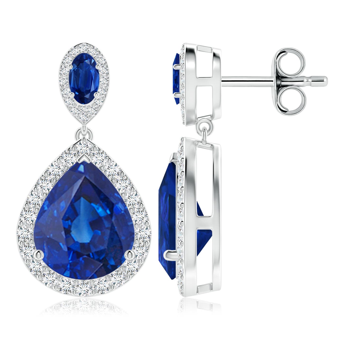 Angara 11.56 CTW Oval & Pear Blue Sapphire Drop Earrings with Diamond Halo in 18K White Gold