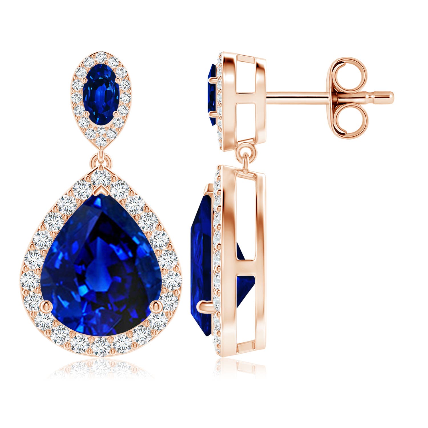 12x10mm AAAA Oval & Pear Blue Sapphire Drop Earrings with Diamond Halo in 18K Rose Gold