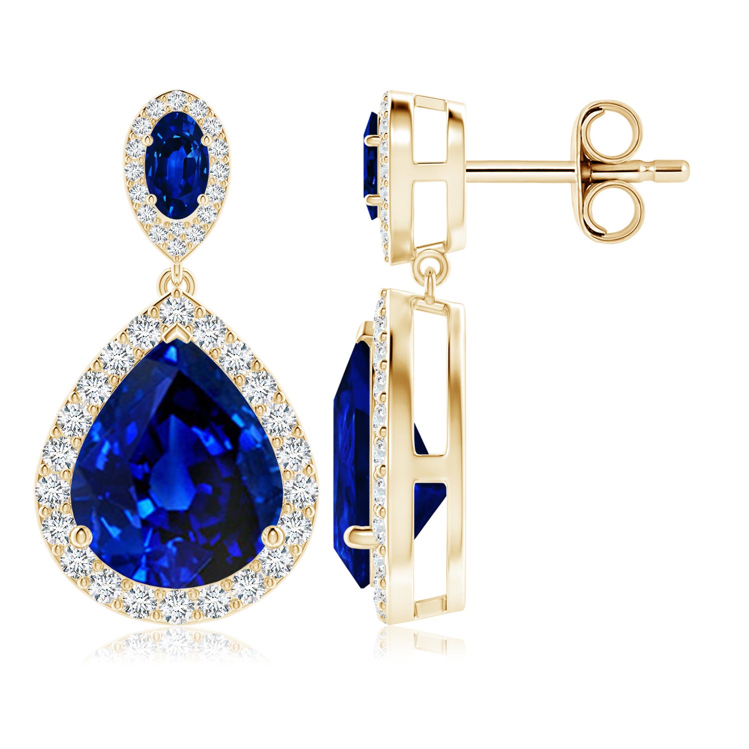 12x10mm AAAA Oval & Pear Blue Sapphire Drop Earrings with Diamond Halo in Yellow Gold