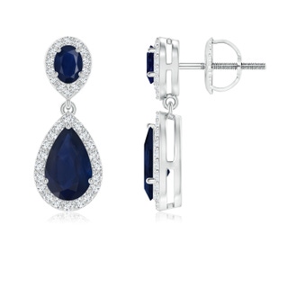 8x5mm A Oval & Pear Blue Sapphire Drop Earrings with Diamond Halo in P950 Platinum