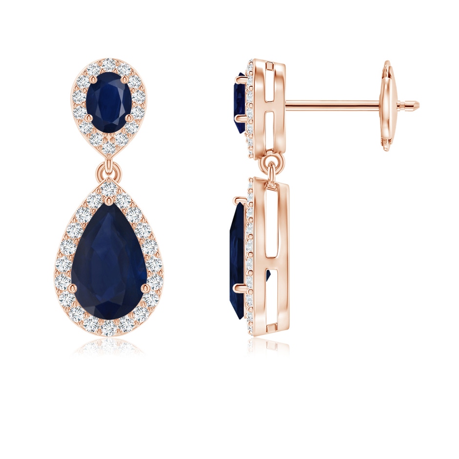 8x5mm A Oval & Pear Blue Sapphire Drop Earrings with Diamond Halo in Rose Gold 