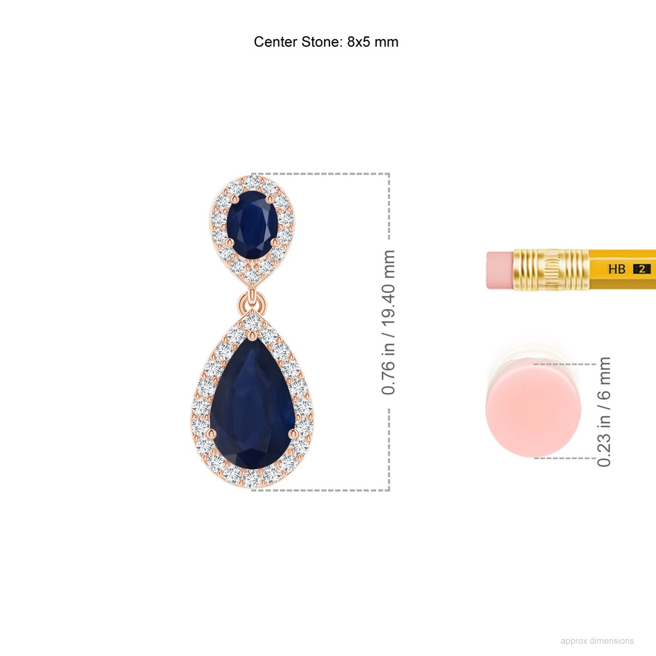 8x5mm A Oval & Pear Blue Sapphire Drop Earrings with Diamond Halo in Rose Gold ruler
