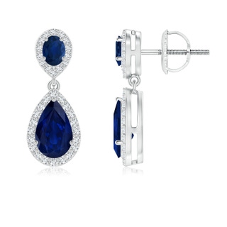 8x5mm AA Oval & Pear Blue Sapphire Drop Earrings with Diamond Halo in P950 Platinum