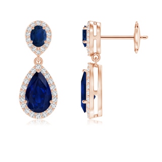 8x5mm AA Oval & Pear Blue Sapphire Drop Earrings with Diamond Halo in Rose Gold