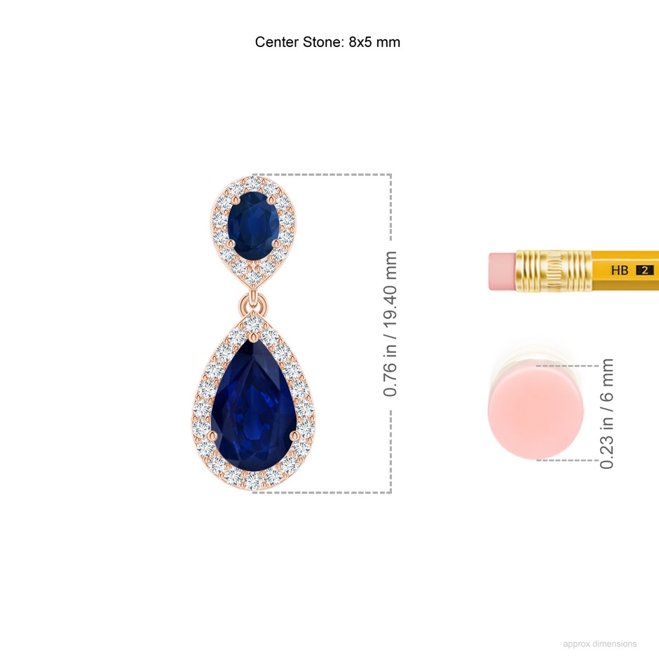 8x5mm AA Oval & Pear Blue Sapphire Drop Earrings with Diamond Halo in Rose Gold ruler