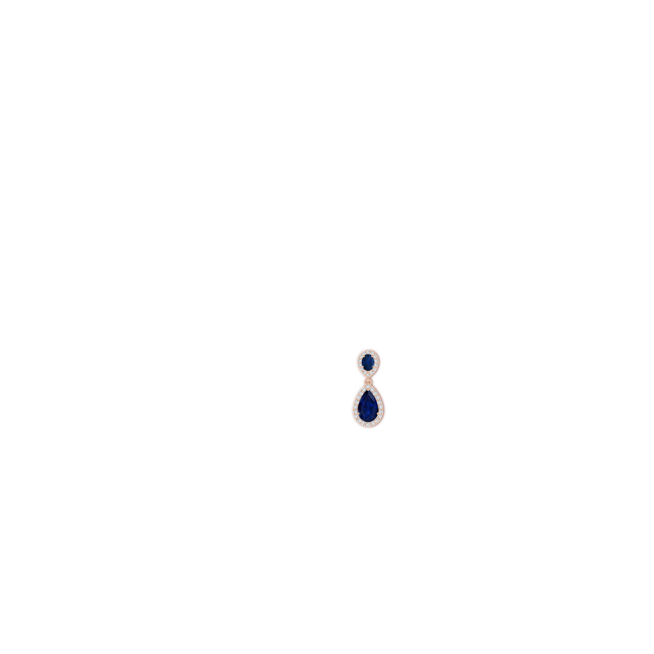 8x5mm AA Oval & Pear Blue Sapphire Drop Earrings with Diamond Halo in Rose Gold ear