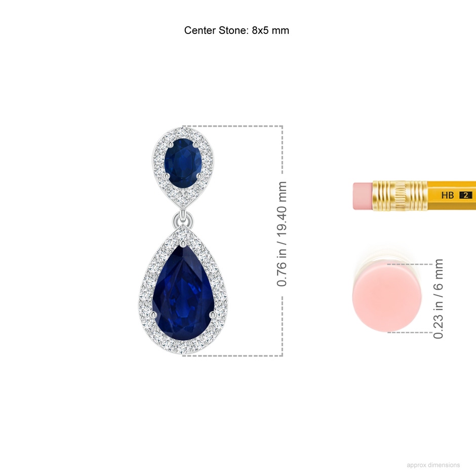 8x5mm AA Oval & Pear Blue Sapphire Drop Earrings with Diamond Halo in White Gold ruler