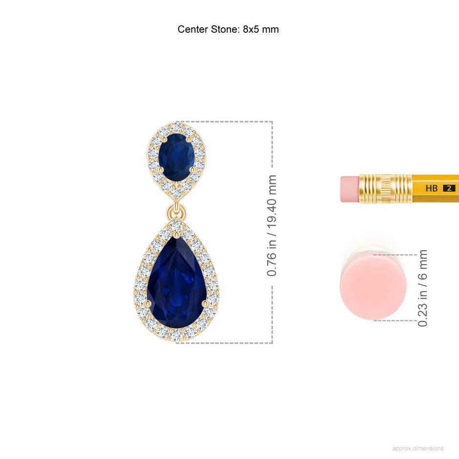 8x5mm AA Oval & Pear Blue Sapphire Drop Earrings with Diamond Halo in Yellow Gold ruler