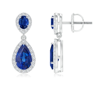 8x5mm AAA Oval & Pear Blue Sapphire Drop Earrings with Diamond Halo in P950 Platinum