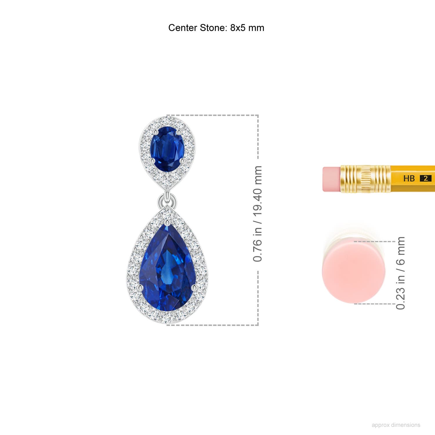 8x5mm AAA Oval & Pear Blue Sapphire Drop Earrings with Diamond Halo in P950 Platinum - ruler