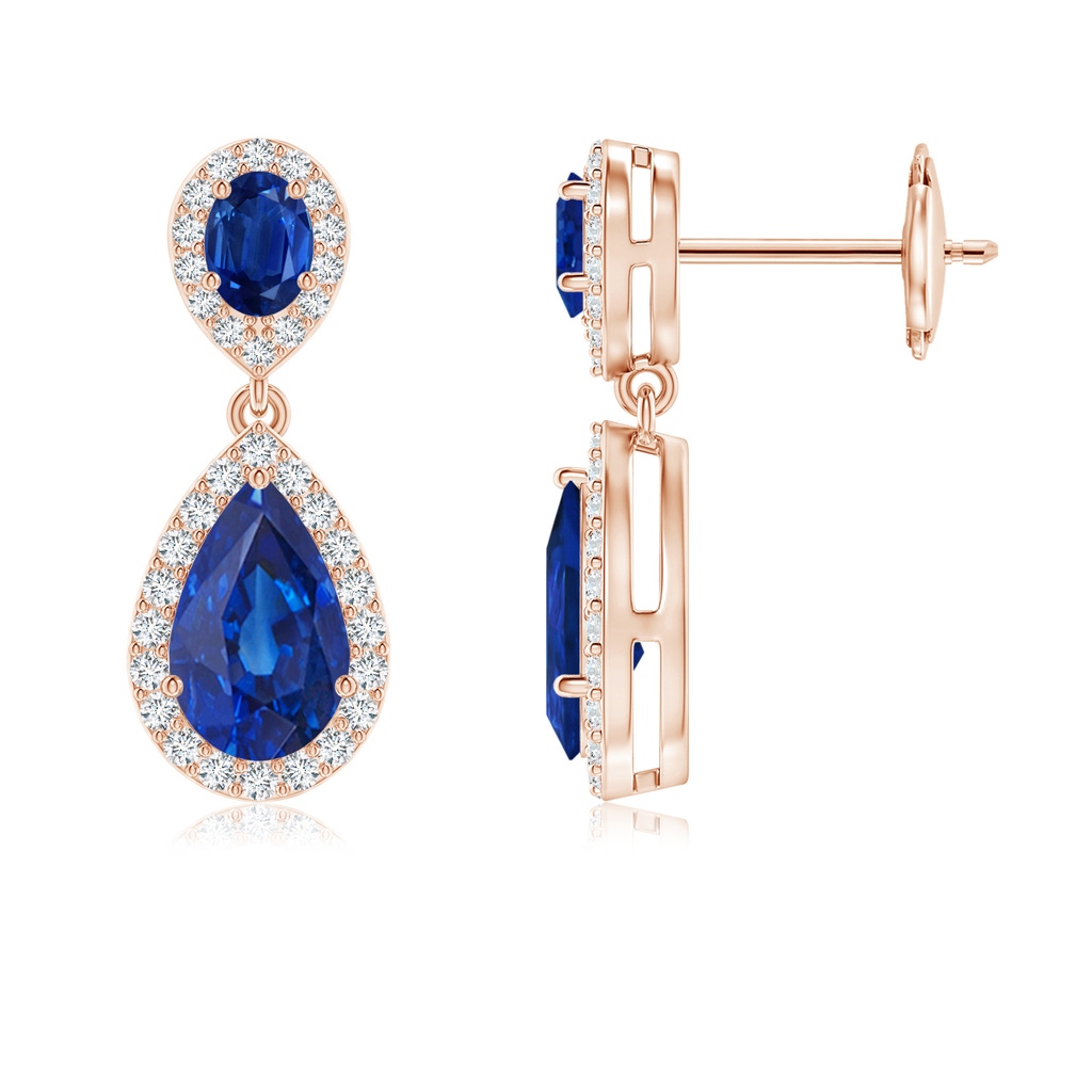 8x5mm AAA Oval & Pear Blue Sapphire Drop Earrings with Diamond Halo in Rose Gold