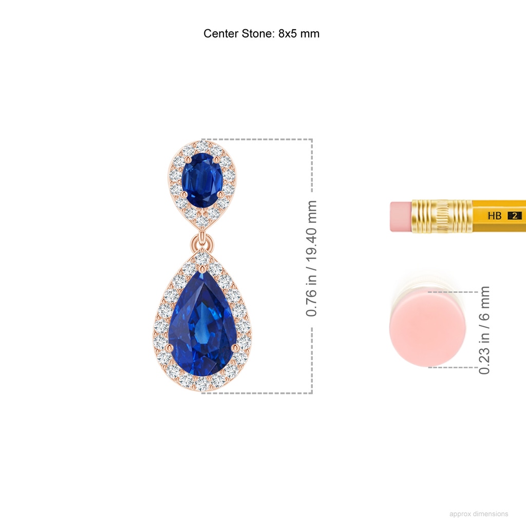 8x5mm AAA Oval & Pear Blue Sapphire Drop Earrings with Diamond Halo in Rose Gold ruler