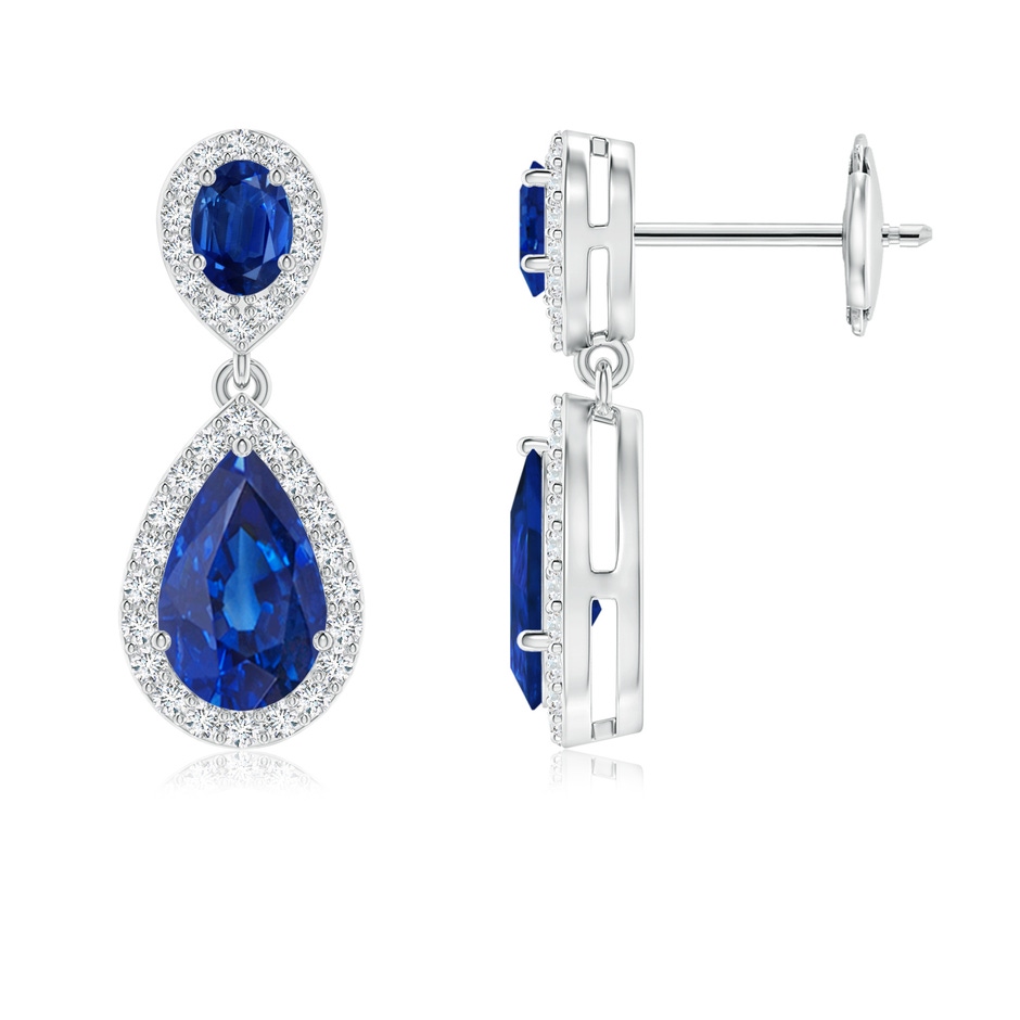 8x5mm AAA Oval & Pear Blue Sapphire Drop Earrings with Diamond Halo in White Gold 
