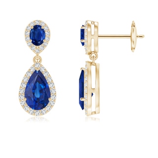 8x5mm AAA Oval & Pear Blue Sapphire Drop Earrings with Diamond Halo in Yellow Gold