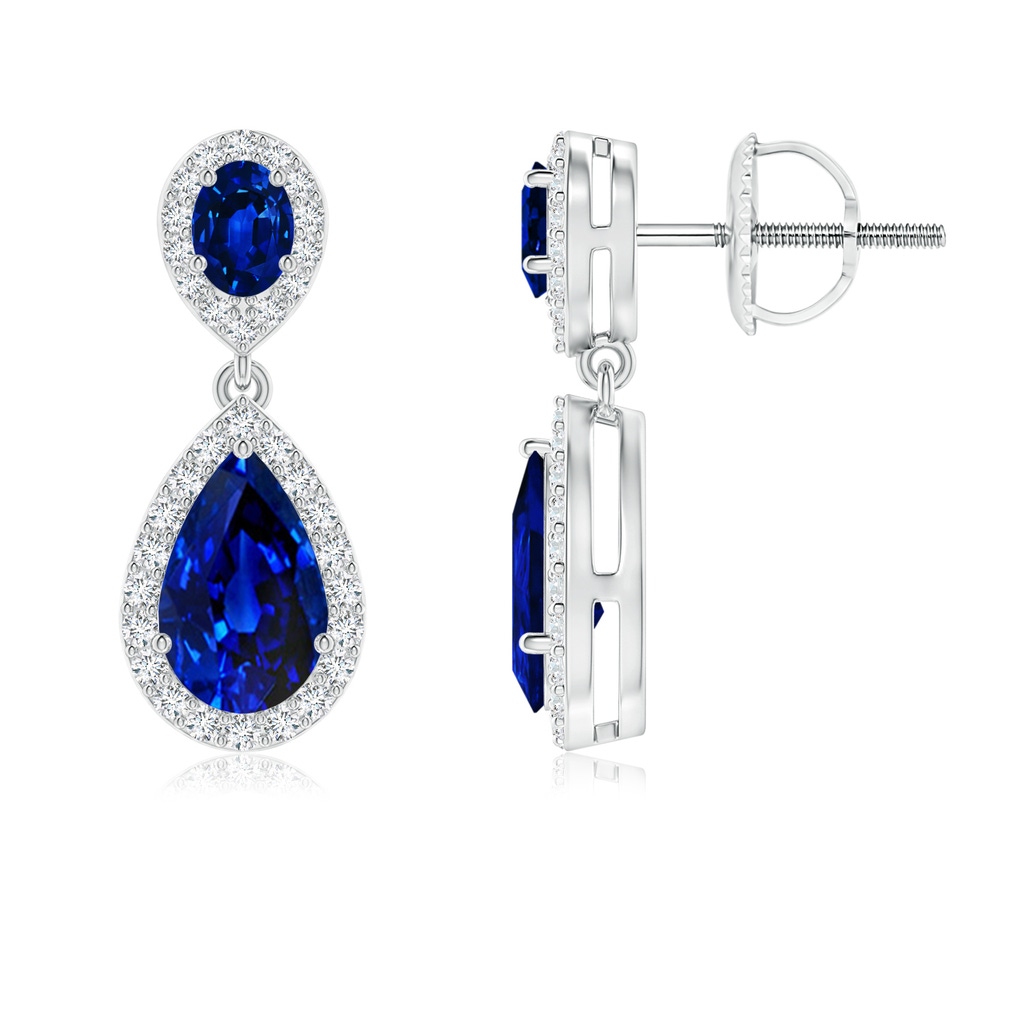 8x5mm AAAA Oval & Pear Blue Sapphire Drop Earrings with Diamond Halo in P950 Platinum