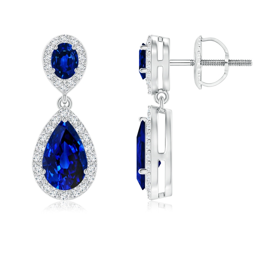 8x5mm AAAA Oval & Pear Blue Sapphire Drop Earrings with Diamond Halo in P950 Platinum 