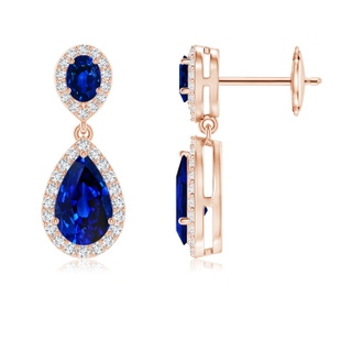 8x5mm AAAA Oval & Pear Blue Sapphire Drop Earrings with Diamond Halo in Rose Gold
