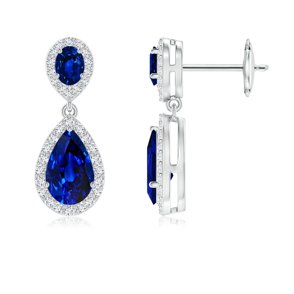 8x5mm AAAA Oval & Pear Blue Sapphire Drop Earrings with Diamond Halo in White Gold