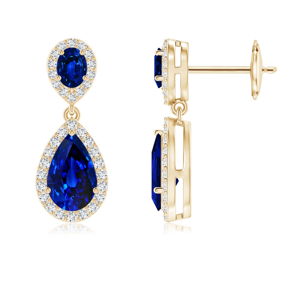 8x5mm AAAA Oval & Pear Blue Sapphire Drop Earrings with Diamond Halo in Yellow Gold