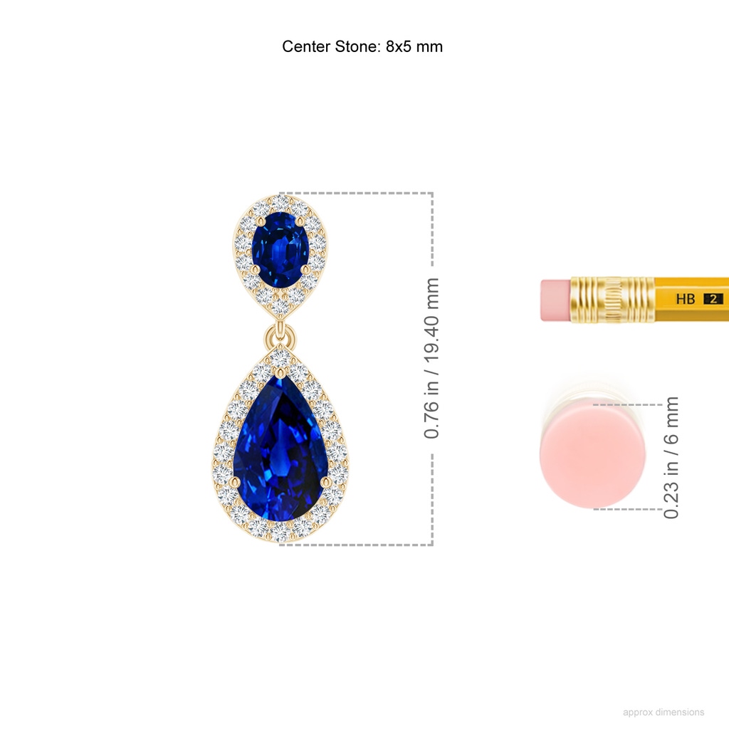 8x5mm AAAA Oval & Pear Blue Sapphire Drop Earrings with Diamond Halo in Yellow Gold ruler