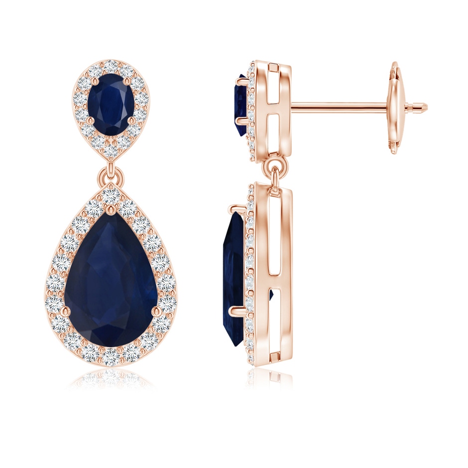 9x6mm A Oval & Pear Blue Sapphire Drop Earrings with Diamond Halo in Rose Gold 