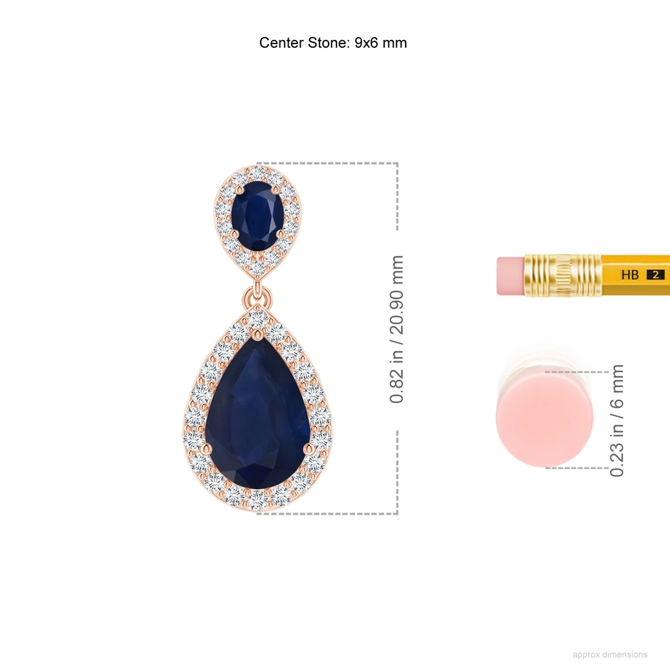 9x6mm A Oval & Pear Blue Sapphire Drop Earrings with Diamond Halo in Rose Gold ruler