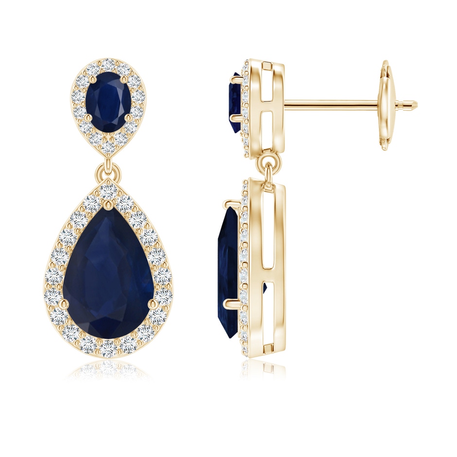 9x6mm A Oval & Pear Blue Sapphire Drop Earrings with Diamond Halo in Yellow Gold 