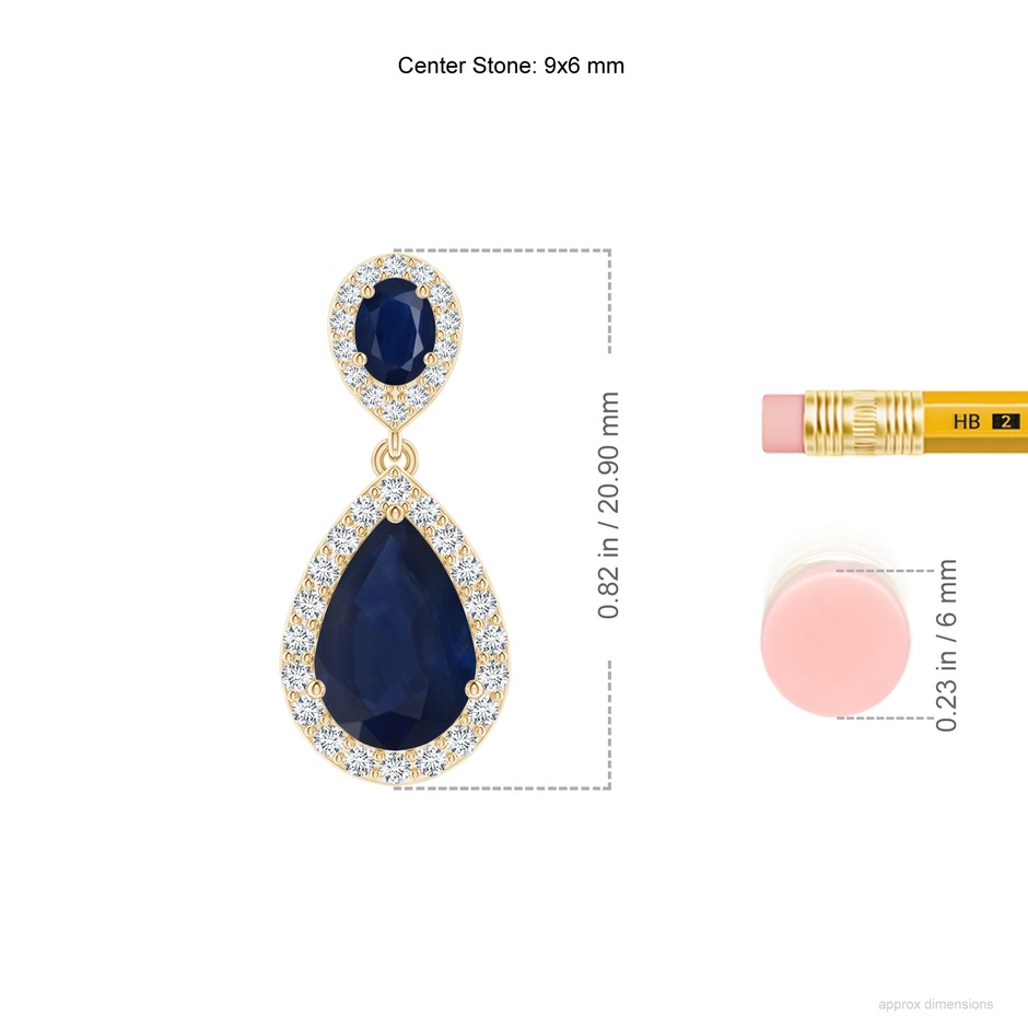 9x6mm A Oval & Pear Blue Sapphire Drop Earrings with Diamond Halo in Yellow Gold ruler