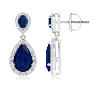 9x6mm AA Oval & Pear Blue Sapphire Drop Earrings with Diamond Halo in P950 Platinum