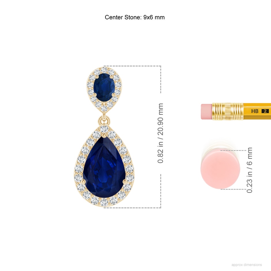 9x6mm AA Oval & Pear Blue Sapphire Drop Earrings with Diamond Halo in Yellow Gold ruler