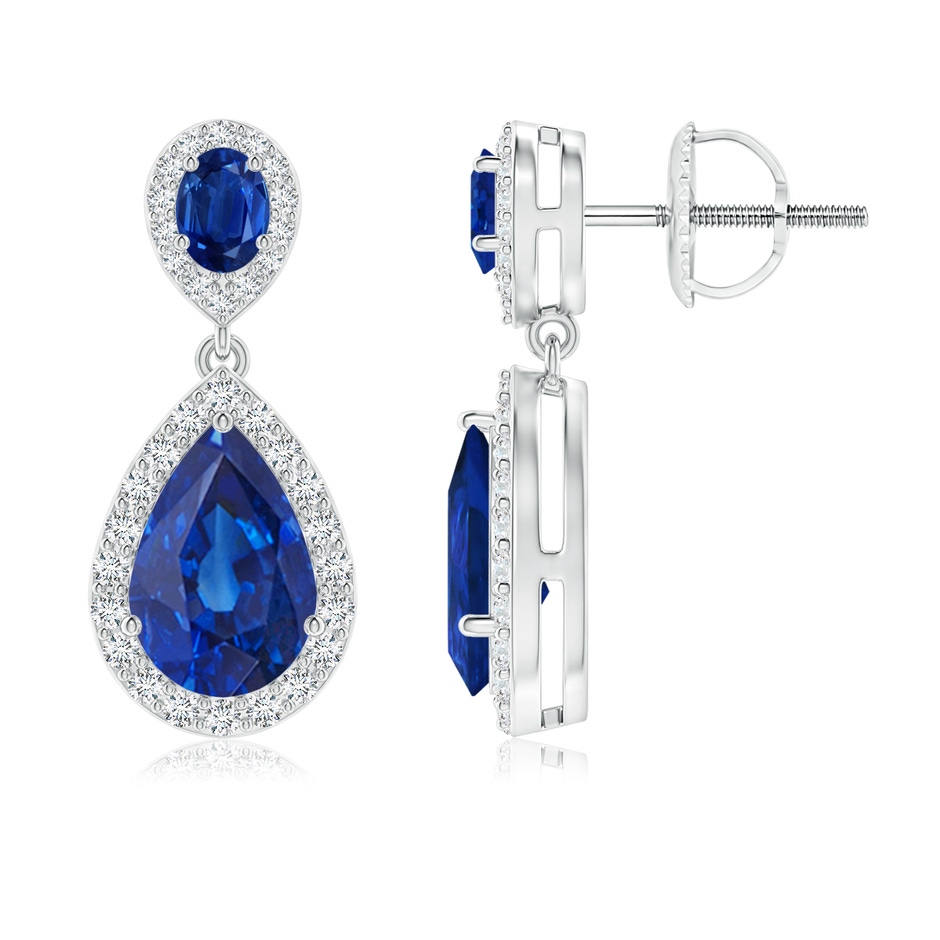 9x6mm AAA Oval & Pear Blue Sapphire Drop Earrings with Diamond Halo in P950 Platinum 
