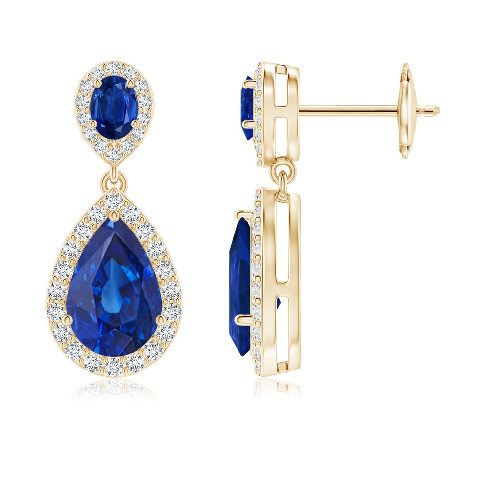 9x6mm AAA Oval & Pear Blue Sapphire Drop Earrings with Diamond Halo in Yellow Gold 