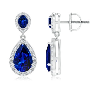 9x6mm AAAA Oval & Pear Blue Sapphire Drop Earrings with Diamond Halo in P950 Platinum