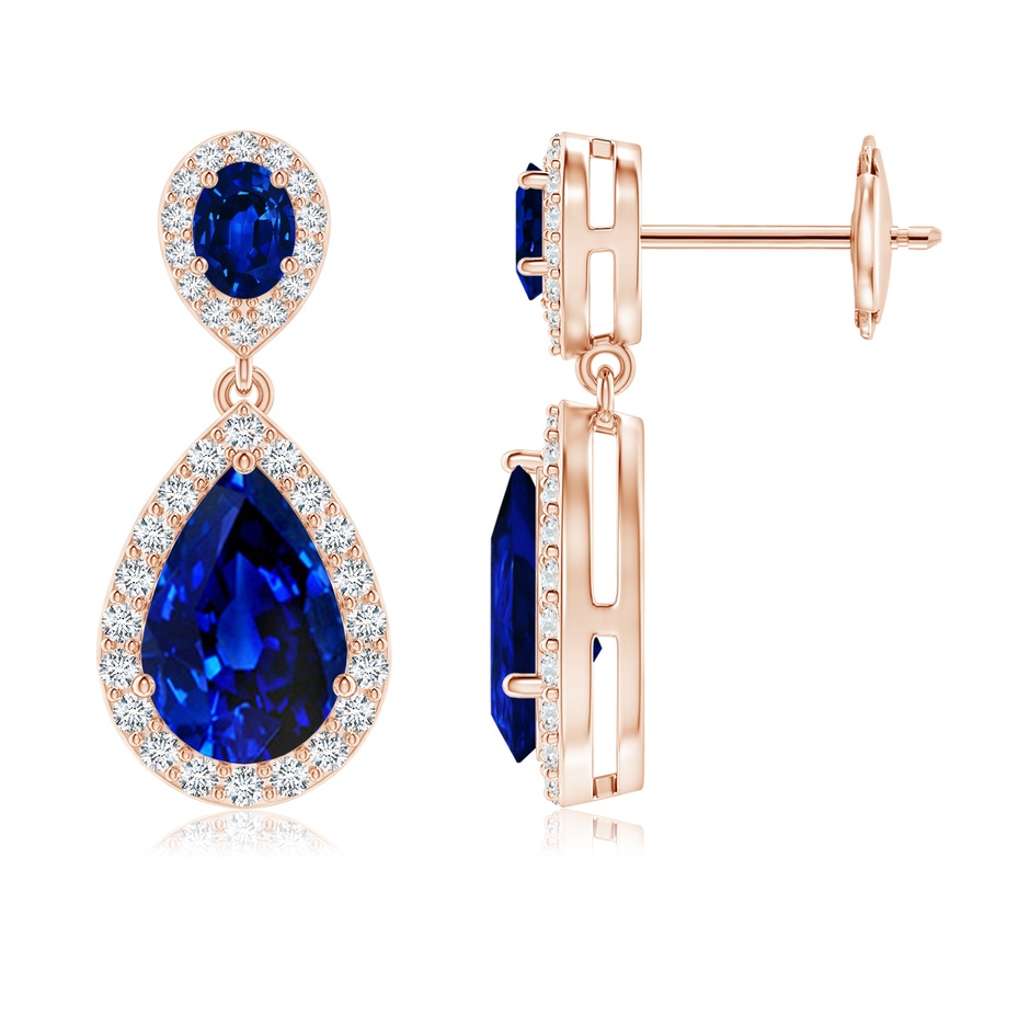 9x6mm AAAA Oval & Pear Blue Sapphire Drop Earrings with Diamond Halo in Rose Gold 