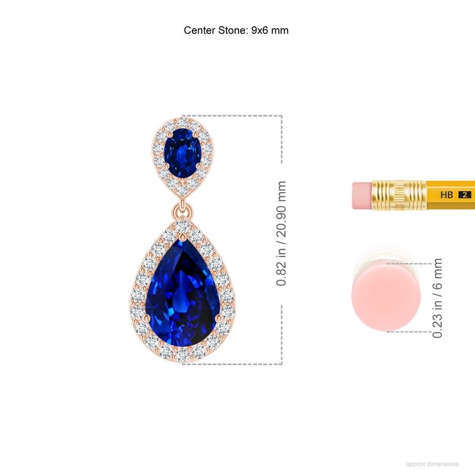 9x6mm AAAA Oval & Pear Blue Sapphire Drop Earrings with Diamond Halo in Rose Gold ruler