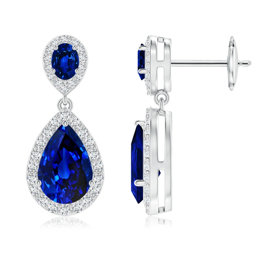 9x6mm AAAA Oval & Pear Blue Sapphire Drop Earrings with Diamond Halo in White Gold 