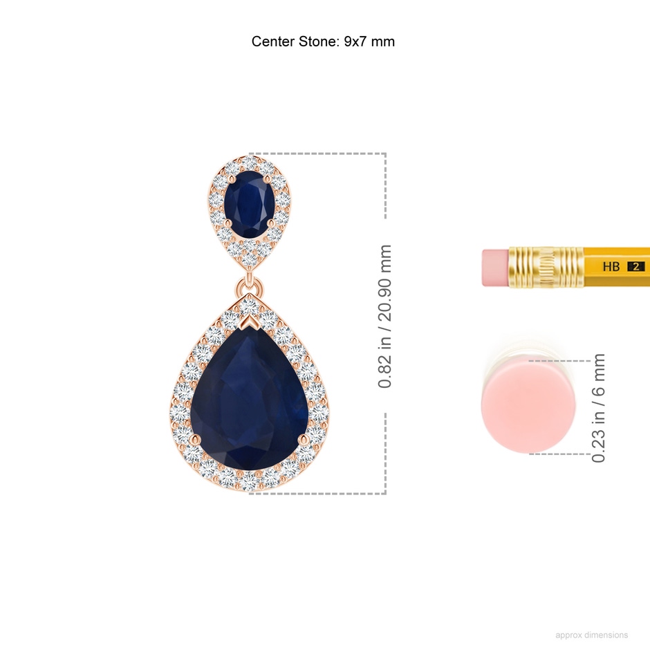 9x7mm A Oval & Pear Blue Sapphire Drop Earrings with Diamond Halo in Rose Gold ruler