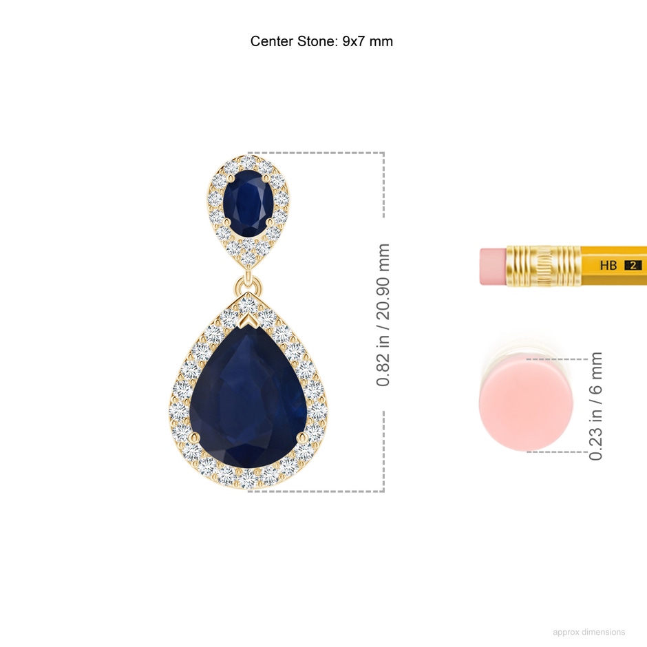 9x7mm A Oval & Pear Blue Sapphire Drop Earrings with Diamond Halo in Yellow Gold ruler