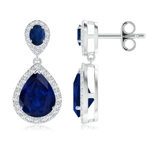 9x7mm AA Oval & Pear Blue Sapphire Drop Earrings with Diamond Halo in P950 Platinum