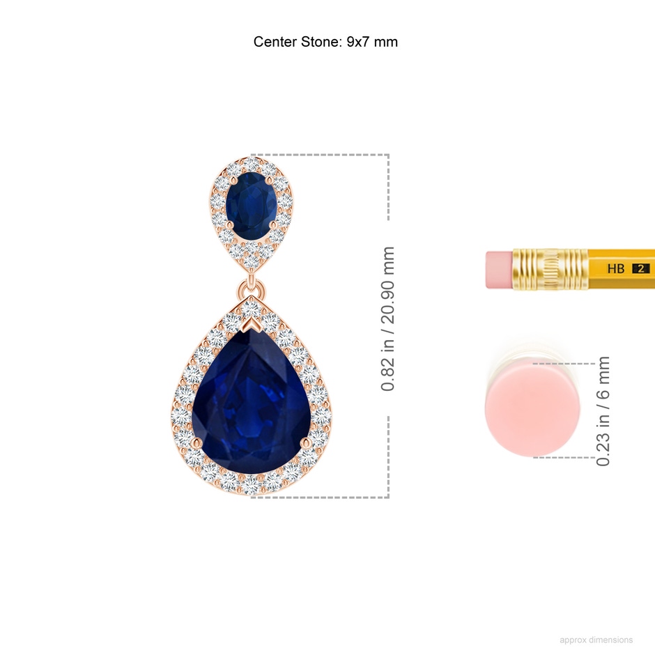 9x7mm AA Oval & Pear Blue Sapphire Drop Earrings with Diamond Halo in Rose Gold ruler