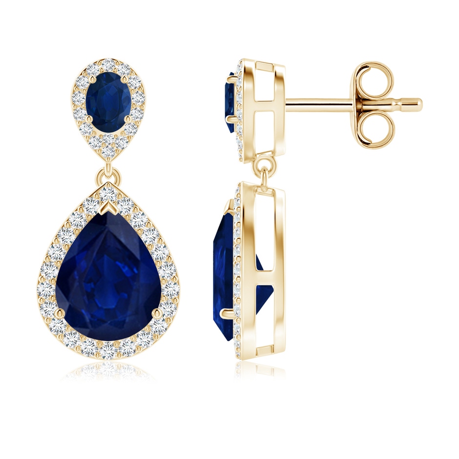 9x7mm AA Oval & Pear Blue Sapphire Drop Earrings with Diamond Halo in Yellow Gold 