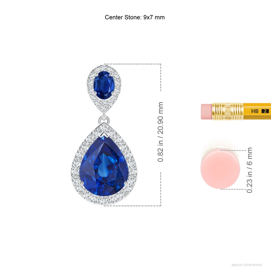 9x7mm AAA Oval & Pear Blue Sapphire Drop Earrings with Diamond Halo in P950 Platinum ruler
