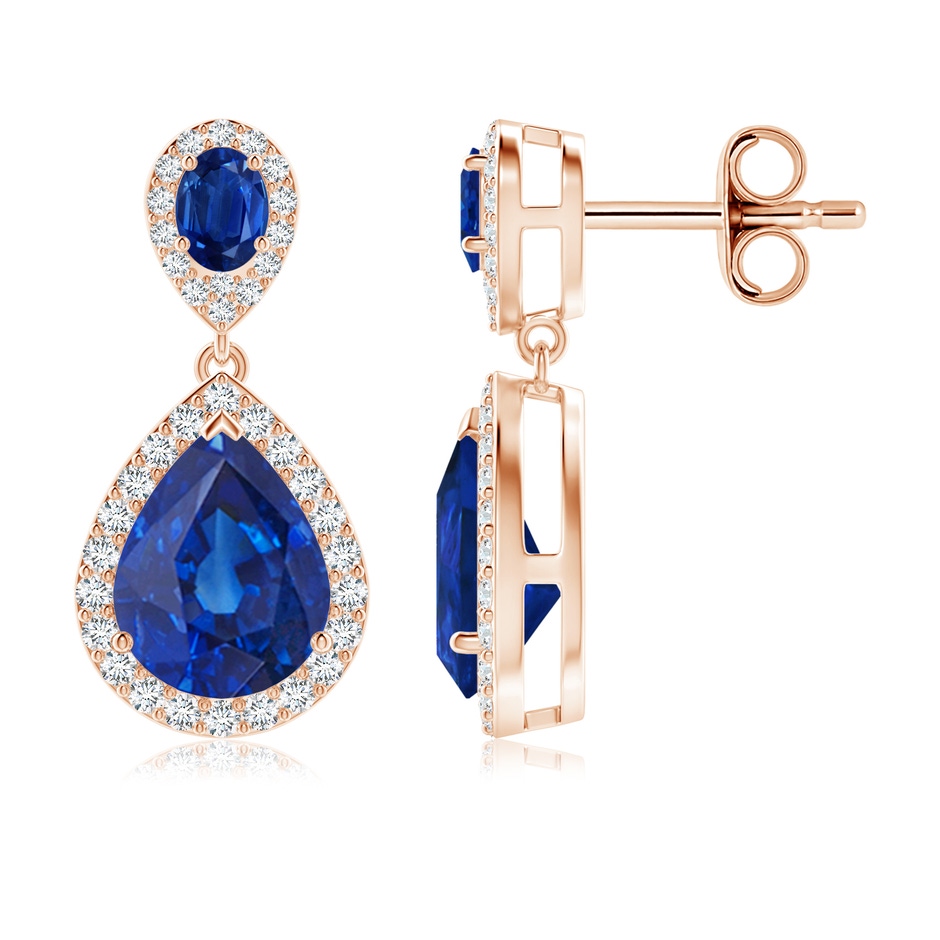 9x7mm AAA Oval & Pear Blue Sapphire Drop Earrings with Diamond Halo in Rose Gold 